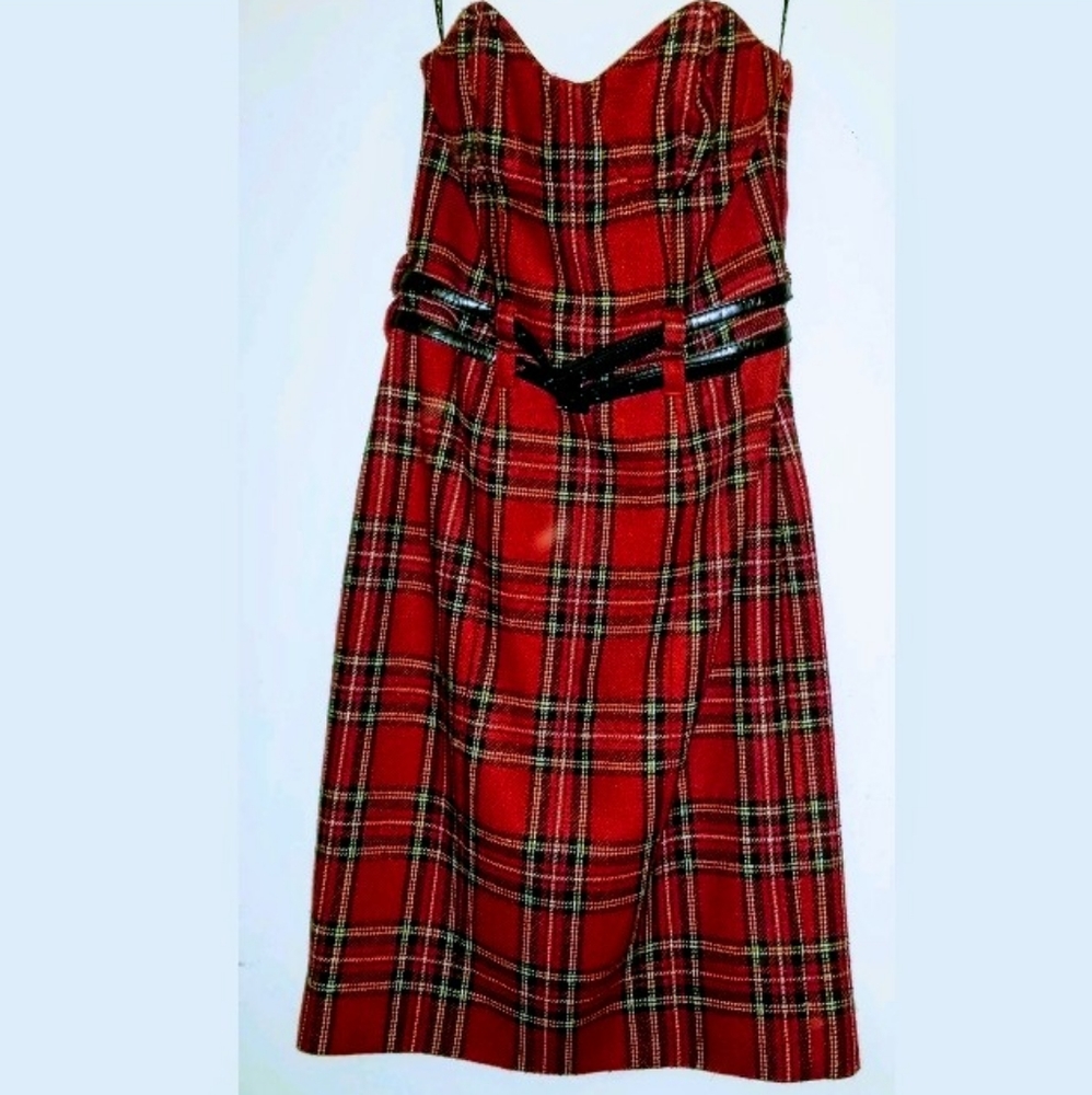 Betsey Johnson plaid strapless wool dress